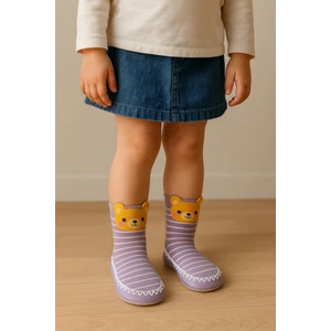 Çocuk Ayıcık Desenli Çizgili Makosen Soket Çorap Patik Panduf – Kaydırmaz Ev & Anaokulu Ayakkabısı Lila