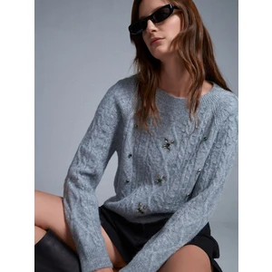 10462 Bisiklet Yaka Önü Taş Işlemeli Kazak-Koyu Gri