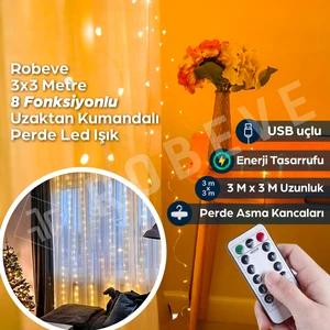 3x3 Metre Peri LED Kumandalı Perde Asma Kancalı Peri LED Yılbaşı LED Gün Işığı LED Işık 8 Modlu Parti Işığı Dekoratif Işık LED Saçak LED Işık Perde LED Yılbaşı Dekorasyon
