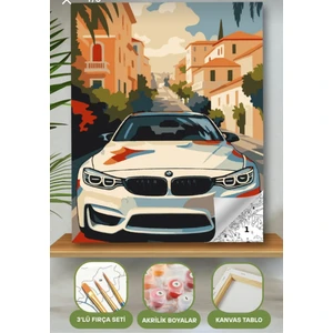 Sayılarla Boyama Seti 40X50 cm (Çıtalı) Fırça Boya Dahil Numaralı Tuval Beyaz Araba