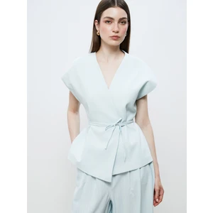 Kruvaze Yaka Keten Görünümlü Bluz