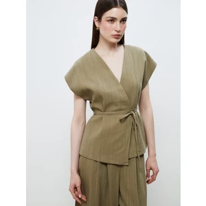 Kruvaze Yaka Keten Görünümlü Bluz