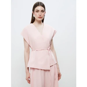 Kruvaze Yaka Keten Görünümlü Bluz