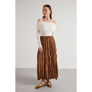 Süet Kraşlı Uzun Etek Taba