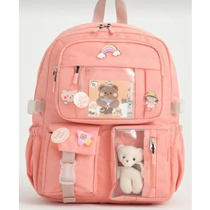 Kore Tarzı Okul Çantası Aksesuarlı Kız Çocuk ve Erkek Çocuk Sırt Çantası Pudra