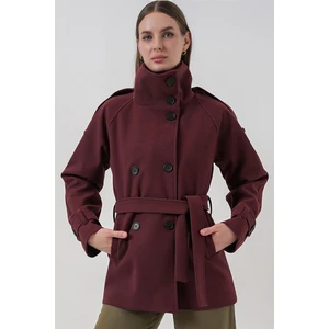 Kadın Kuşaklı Kaşe Kaban 9162 - Bordo