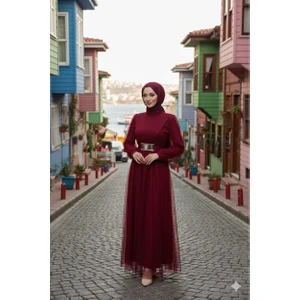 Cym Butik Kuşaklı Tül Tesettür Abiye