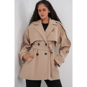 Kadın Kuşaklı Oversize Kaşe Kaban 9157 - Bej