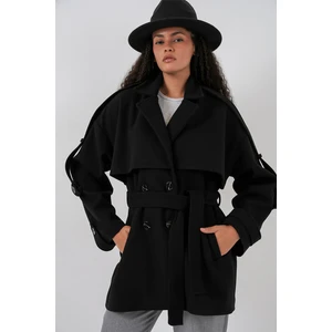 Kadın Kuşaklı Oversize Kaşe Kaban 9157 - Siyah