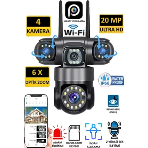 Pro 5904 20MP 4 Kameralı Akıllı WiFi Kamera 16X Zoom İnsan Takibi Çift Yönlü Ses Hieasy Türkçe