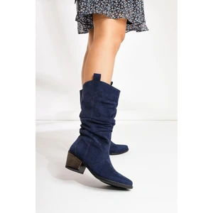 Lise-Britt Lacivert Süet Körüklü Nakışlı Western Bot