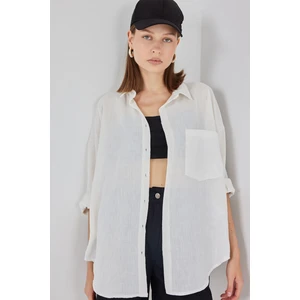 20153 Tek Cepli Oversize Keten Gömlek - Ekru