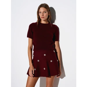 10651 Yün Karışımlı Kısa Kollu Triko Kazak-Bordo