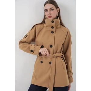 Kadın Kuşaklı Kaşe Kaban 9162 - Hardal