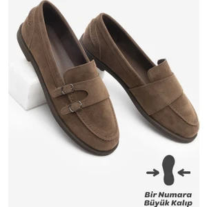 Kadın Loafer Makosen Çift Bantlı Tokalı Günlük Ayakkabı Ovora Kahve Süet