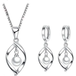 925 Ayar Gümüş Inci Taşlı Özel Tasarım Gümüş Kolye Ve Küpe Seti