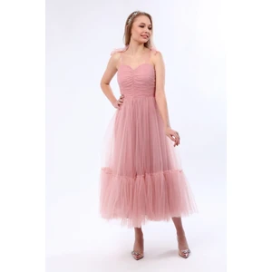 Omuzları Bağlamalı Renkli Tül Abiye Elbise