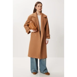 Happiness İstanbul Kruvaze Yaka Kuşaklı Kaşe Kaban LDW0007 Camel