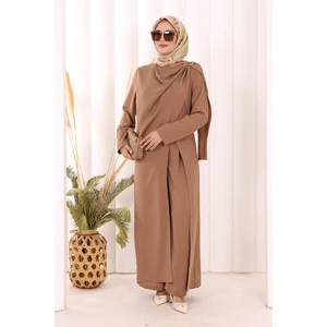 Bym Fashion Tek Omuz Gold Toka Detaylı Tunik Pantolon Takım 8698 Kahverengi