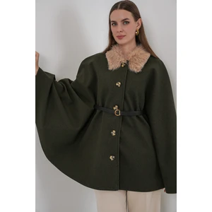 Kadın Kemerli Kaşe Panço 9165 - Haki