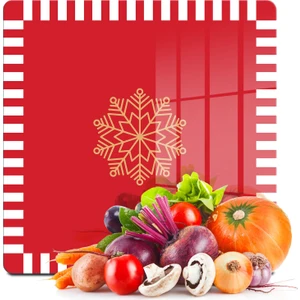 Cam Kesme Tahtası ve Sunumluk Kare Kırmızı Beyaz Kar Tanesi Desenli 30X30 cm