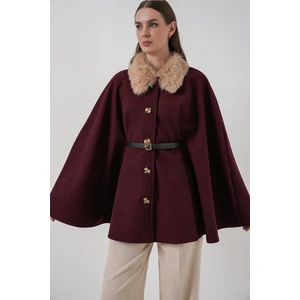 Kadın Kemerli Kaşe Panço 9165 - Bordo