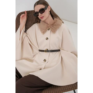 Kadın Kemerli Kaşe Panço 9165 - Krem