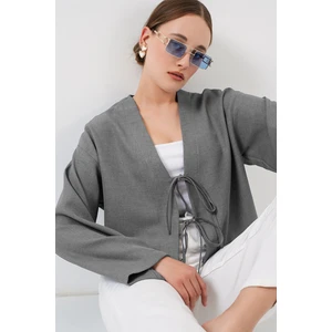 Önü Bağlamalı Keten Kimono 960 - Gri