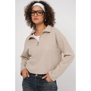 55449 Fermuarlı Yaka Örme Sweatshirt - Krem