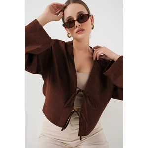 Önü Bağlamalı Keten Kimono 960 - Kahverengi