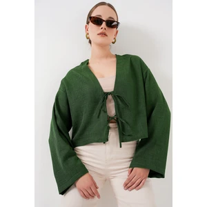 Önü Bağlamalı Keten Kimono 960 - Zümrüt Yeşili