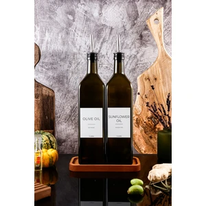 1litre Ahşap Stantlı Yağ Yeşili White Serisi Zeytinyağı Şişesi Ayçiçek Yağı Şişesi Set