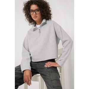 55449 Fermuarlı Yaka Örme Sweatshirt - Gri