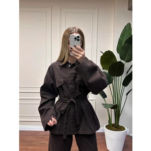 Beli Kuşaklı Kot Takım - Kahverengi