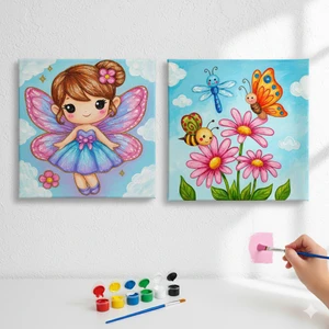 Dudu Gift TATİL-KARNE HEDİYESİ 2'li Tuval Boyama Seti 20 x 20 cm Uv Baskı 6 Akrilik Boya 1 Fırça model 172