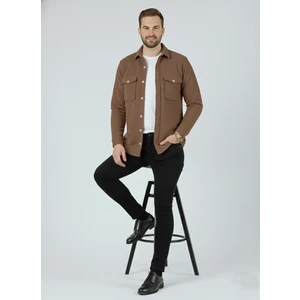 Erkek Slim Fit Düğmeli Yaka Çift Cepli Düz Siyah Polar Erkek Gömlek