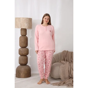 Kadın Kışlık Büyük Beden Curve Nakışlı Desenli Yakası Düğmeli Uzun Kollu Pijama Takımı