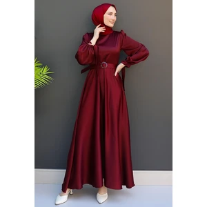 Giza Store Saten Kemerli Elbise Koyu Bordo