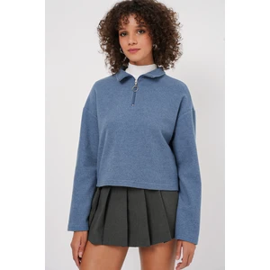 55449 Fermuarlı Yaka Örme Sweatshirt - Indigo