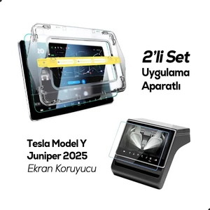 Tesla Model Y Juniper 2025 2in1 Ekran Koruyucu Uygulama Aparatlı Ön ve Arka Temperli Cam Koruyucu Parlak