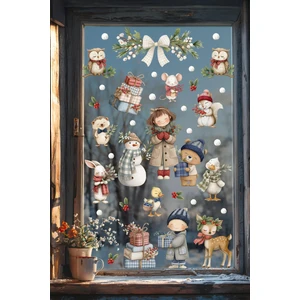 Kış Masalı Cam Sticker Seti – Sevimli Hayvanlar ve Çocuk Figürleri, Çift Taraflı Baskı, 98 Parça