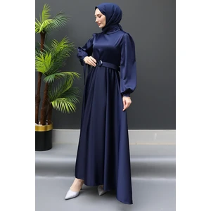 Giza Store Saten Kemerli Elbise Lacivert