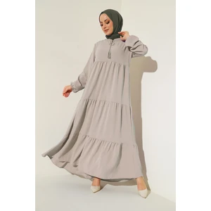 1627 Yaka Bağcıklı Tesettür Elbise - Taş