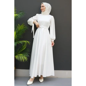 Giza Store Saten Kemerli Elbise Beyaz