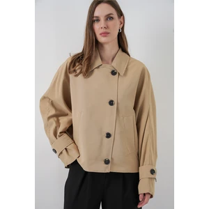 Kadın Oversize Kısa Trençkot 5977 - Bej