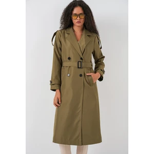 5941 Kruvaze Yaka Uzun Trençkot - Haki