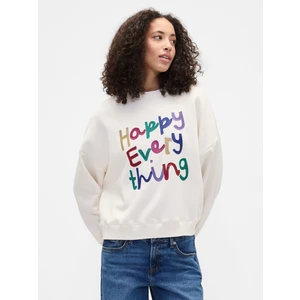 Kadın Kırık Beyaz Oversized Grafik Baskılı Sweatshirt