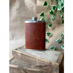 Alesta Leather (Isim Yazıyoruz) El Dikişi  Deri Kaplamalı Çelik Viski Kanyak Içki Matarası ve Huni - 9oz 266ML