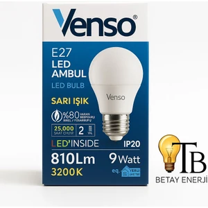 E27 LED Ampul | 9W | 810 Lümen | 3200K Sarı Işık
