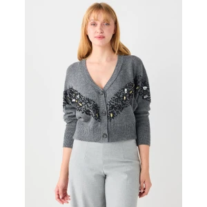 Jimmy Key Gri Uzun Kollu Taş Işlemeli Düğmeli Triko Hırka